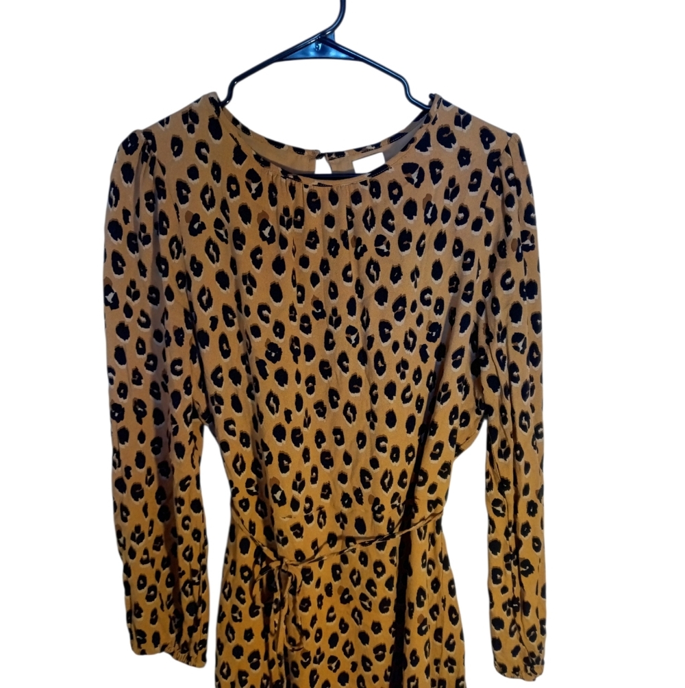 A New Day Leopard Midi Dress With Ruffle Hem And Long Sleeves Tie Belt Medium - Picture 2 of 8